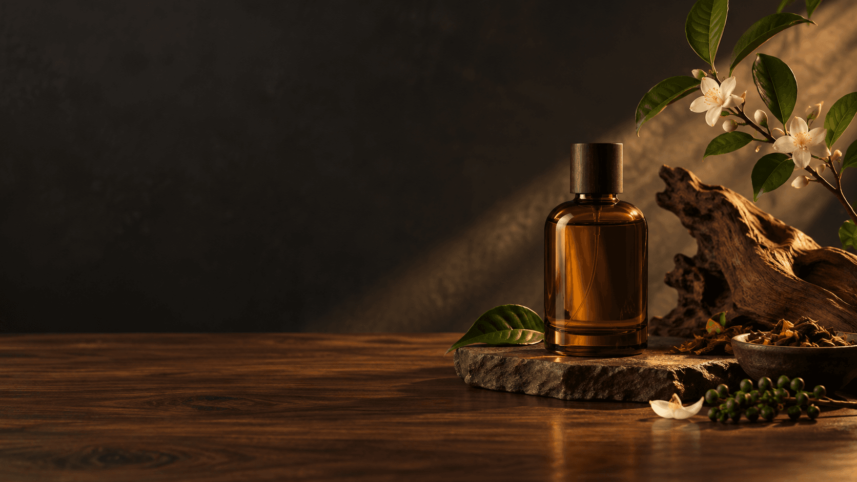 Chai hương amber giữa gỗ và hoa trắng